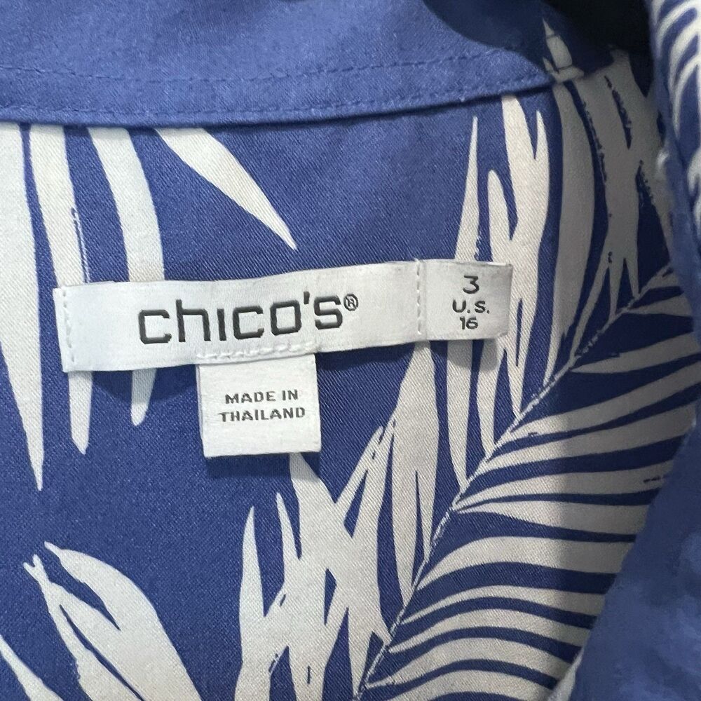 Chico’s Size 16 Button-Up Collared Blue/White Coastal Palm Shirt Cuffed Sleeve - Picture 3 of 7